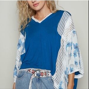 NEW POL contrasting patchwork lace Floral oversized high low Top Lapis Blue